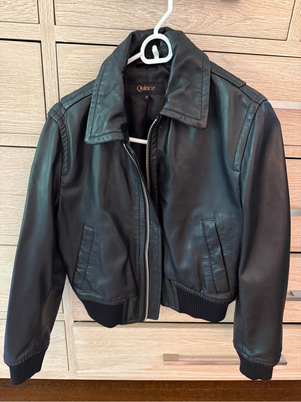 Quince Black Leather Bomber Jacket with Ribbed Hem